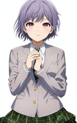Rule 34 | 1girl, absurdres, bang dream!, bang dream! it&#039;s mygo!!!!!, blazer, breast pocket, breasts, brown eyes, buttons, collared shirt, commentary, cowboy shot, diagonal-striped clothes, diagonal-striped necktie, green necktie, green skirt, grey hair, grey jacket, hands up, haneoka school uniform, highres, jacket, light blush, long sleeves, looking at viewer, medium breasts, necktie, noshimurin, own hands clasped, own hands together, parted lips, plaid, plaid skirt, pleated skirt, pocket, raised eyebrows, school uniform, shirt, short hair, simple background, skirt, solo, standing, striped clothes, takamatsu tomori, white background, white shirt