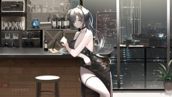 Rule 34 | 1girl, animal ears, arknights, black choker, black dress, bottle, breasts, building, cat ears, choker, cleavage, da (datako), dress, highres, indoors, kettle, large breasts, long hair, looking at viewer, patreon logo, ponytail, schwarz (arknights), sitting, skyscraper, solo, spaghetti strap, stool, thigh strap, thighhighs, watermark, web address, white thighhighs, yellow eyes