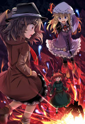 Rule 34 | 4girls, :o, animal ears, arm cannon, black hat, black skirt, black wings, blonde hair, braid, brown coat, brown hair, cat ears, cat tail, coat, commentary request, dress, e.o., fedora, from behind, green dress, green sash, hand on headwear, hat, highres, juliet sleeves, kaenbyou rin, long hair, long sleeves, looking at another, maribel hearn, mob cap, multiple girls, multiple tails, neck ribbon, open mouth, petticoat, profile, puffy sleeves, purple dress, purple eyes, red eyes, red hair, red ribbon, reiuji utsuho, ribbon, sash, short hair, skirt, skull, tail, touhou, twin braids, two tails, underground, usami renko, weapon, white hat, wide sleeves, wings