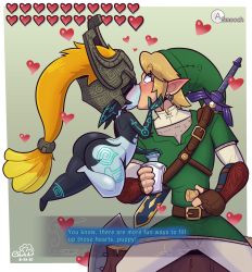 Rule 34 | 1boy, 1girl, ass, assertive female, belt, black skin, blonde hair, blush, bottle, cobat, colored skin, earrings, elf, english text, face grab, gameplay mechanics, gloves, hat, heart, hetero, highres, holding face, huge ass, interspecies, jewelry, kiss, link, looking at another, midna, milk, monster girl, multicolored skin, nintendo, no humans, orange hair, pointy ears, shield, shortstack, size difference, surprised, sword, the legend of zelda, the legend of zelda: twilight princess, two-tone skin, weapon, white skin