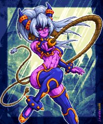 Rule 34 | 1girl, abs, artist name, bikini, breasts, colored sclera, colored skin, demon girl, demon tail, grey hair, highres, holding, holding weapon, horns, j.raido, long hair, looking at viewer, medium breasts, navel, pink skin, pixel art, purple skin, red eyes, solo, spikes, swimsuit, tail, thighhighs, twintails, underboob, weapon, whip