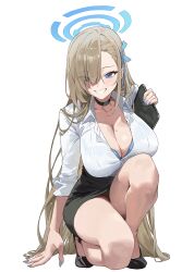 1girl alternate_costume asuna_(blue_archive) black_choker blonde_hair blue_archive blue_bra blue_eyes blue_nails bra bra_peek breasts choker closed_mouth collarbone commentary high_heels highres holding holding_tablet_pc large_breasts long_hair m.q_(mqkyrie) office_lady on_one_knee open_mouth shirt simple_background smile solo tablet_pc teeth thighs underwear very_long_hair white_background white_shirt