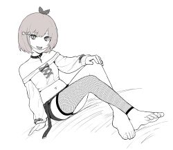 Rule 34 | 1girl, arm support, barefoot, belt, bow, breasts, choker, collarbone, crop top, crossed legs, dutch angle, eyelashes, fang, feet, foreshortening, full body, greyscale, hair bow, hand on own knee, head tilt, highres, legs, long sleeves, looking at viewer, mask, mask pull, medium hair, midriff, monochrome, mouth mask, navel, navel piercing, off-shoulder shirt, off shoulder, open mouth, original, piercing, sedai, shirt, short shorts, shorts, simple background, single thighhigh, sitting, skin fang, small breasts, solo, spiked choker, spikes, surgical mask, thighhighs, thighs, toenails, toes, white background