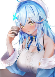 Rule 34 | 1girl, absurdres, ahoge, alcohol, bad id, bad pixiv id, bare shoulders, beret, blue hair, blue jacket, blush, braid, breasts, cleavage, cleavage cutout, clothing cutout, drinking, flower, fur trim, hair between eyes, hair flower, hair ornament, half updo, hat, highres, hololive, jacket, large breasts, long hair, looking at viewer, nanashinayuzu mochi, open mouth, pointy ears, sake, simple background, solo, upper body, virtual youtuber, white background, white hat, yellow eyes, yukihana lamy