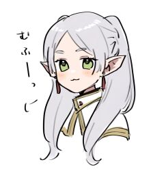 Rule 34 | 1girl, :3, capelet, closed mouth, commentary, cropped torso, earrings, elf, frieren, green eyes, grey hair, highres, jewelry, long hair, looking at viewer, pointy ears, simple background, solo, sousou no frieren, thick eyebrows, twintails, u0oouo, upper body, white background, white capelet