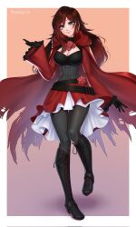 Rule 34 | 1girl, aged up, artist name, belt, boots, border, breasts, cleavage, commission, flower, full body, gloves, grey eyes, highres, knee boots, large breasts, long hair, long sleeves, looking at viewer, pantyhose, red flower, red rose, rose, ruby rose, rwby, solo, w33ping cat, watermark, white border