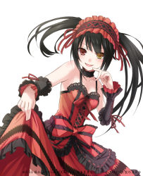 Rule 34 | 10s, 1girl, 2014, black hair, brown eyes, clock eyes, clothes lift, date a live, detached sleeves, dress, dress lift, hairband, heterochromia, highres, konoe (vis9191), lolita fashion, lolita hairband, long hair, looking at viewer, open mouth, red eyes, simple background, solo, symbol-shaped pupils, tokisaki kurumi, twintails, white background, yellow eyes