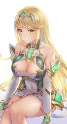 Rule 34 | 1girl, absurdres, anbe yoshirou, bare shoulders, blonde hair, bracelet, breasts, cleavage, cleavage cutout, clothing cutout, collarbone, covered navel, dress, earrings, elbow gloves, gem, gloves, headpiece, highres, jewelry, large breasts, long hair, looking at viewer, mythra (xenoblade), nintendo, short dress, sitting, smile, solo, swept bangs, thigh strap, tiara, very long hair, white gloves, xenoblade chronicles (series), xenoblade chronicles 2, yellow eyes
