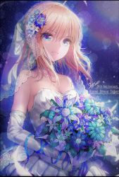 Rule 34 | 1girl, ahoge, artoria pendragon (all), artoria pendragon (fate), bad id, bad pixiv id, bare shoulders, blonde hair, blue eyes, blush, bouquet, breasts, bridal veil, bride, dress, elbow gloves, fate/stay night, fate (series), flower, gloves, hisahisahisahisa, medium breasts, official alternate costume, revision, ribbon, saber (fate), saber (royal dress) (fate), solo, veil, wedding dress, white gloves