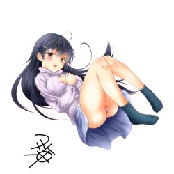 Rule 34 | 1girl, alternate costume, aran sweater, black hair, blue skirt, blush, cable knit, feet, kantai collection, long hair, long sleeves, no shoes, open mouth, pink shirt, revision, shirt, signature, simple background, skirt, socks, solo, sweater, ushio (kancolle), white background, yellow eyes, yua (checkmate)