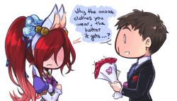 Rule 34 | 1boy, 1girl, alternate costume, animal ears, black hair, black jacket, blood, blush, bouquet, bow, bowtie, brooch, brown hair, collared shirt, commentary, dress, english text, enmaided, fake animal ears, flower, from side, garen (league of legends), grey background, holding, holding bouquet, jacket, jewelry, katarina (league of legends), league of legends, long hair, long sleeves, maid, multicolored clothes, multicolored dress, nosebleed, purple bow, purple bowtie, purple dress, shinaa (maddynshinaa), shirt, short hair, simple background, speech bubble, twintails, upper body, white dress, white shirt