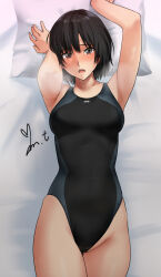 Rule 34 | 1girl, amagami, armpits, black hair, black one-piece swimsuit, breasts, breath, brown eyes, competition swimsuit, cowboy shot, from above, highres, looking at viewer, lying, nanasaki ai, one-piece swimsuit, pillow, presenting armpit, short hair, signature, small breasts, solo, swimsuit, yoo tenchi