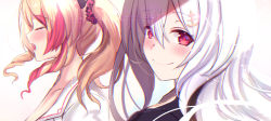 Rule 34 | 2girls, blonde hair, blouse, blush, closed mouth, copyright request, closed eyes, hair between eyes, hair ornament, long hair, looking at viewer, multicolored hair, multiple girls, music, open mouth, profile, red eyes, shirt, silver hair, simple background, singing, smile, streaked hair, twintails, untue, virtual youtuber, white background, white shirt