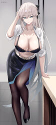Rule 34 | 1girl, absurdres, bare shoulders, blue eyes, bow, braid, breasts, cleavage, collarbone, commission, fate/grand order, fate (series), french braid, grey hair, hair bow, highres, ilsksh, large breasts, long hair, long sleeves, looking at viewer, morgan le fay (chaldea satellite station) (fate), morgan le fay (fate), pixiv commission, ponytail, sidelocks, smile, solo, thighs, very long hair