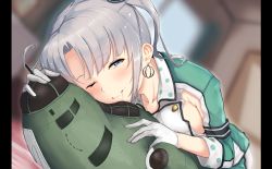 Rule 34 | 10s, 1girl, akitsushima (kancolle), aoi tiduru, blurry, blush, breasts, chizurusou (tiduru 39), dakimakura (object), depth of field, dutch angle, earrings, female focus, gloves, hair in own mouth, highres, jewelry, kantai collection, large breasts, looking at viewer, nishikitaitei-chan, one eye closed, pillarboxed, pillow, purple eyes, side ponytail, sideboob, silver hair, solo
