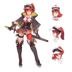 Rule 34 | 1girl, asymmetrical legwear, belt, belt buckle, black gloves, boots, brown footwear, buckle, collarbone, gloves, goggles, goggles on headwear, hair between eyes, hat, highres, holding, holding sword, holding weapon, knee boots, long hair, mismatched legwear, necktie, original, paper, ponytail, pouch, red eyes, red hair, red necktie, red skirt, red thighhighs, scabbard, sheath, simple background, skirt, smile, solo, standing, sunligh mao, sword, thigh strap, thighhighs, unsheathing, weapon, white background, white hat