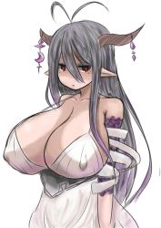 Rule 34 | 10s, 1girl, absurdres, ahoge, bandages, bare shoulders, black hair, breasts, cleavage, covered erect nipples, danua, demon girl, dress, female focus, granblue fantasy, highres, horns, huge breasts, long hair, malice stella, pointy ears, red eyes, simple background, solo, standing, upper body, very long hair, white background