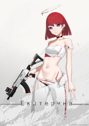 Rule 34 | 1girl, absurdres, aks-74u, anming, armlet, artist name, assault rifle, bandeau, bare arms, bare shoulders, black choker, black panties, blood, blood halo, breasts, character name, choker, collarbone, earrings, grey background, gun, halo, highres, holding, holding gun, holding weapon, jewelry, kalashnikov rifle, liquid halo, looking at viewer, melting halo, navel, original, panties, pants, parted lips, purple eyes, red hair, rifle, see-through, short hair, simple background, small breasts, smile, solo, stomach, strapless, trigger discipline, underwear, v, weapon, white pants
