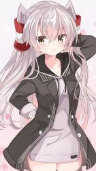 Rule 34 | 1girl, amatsukaze (kancolle), black thighhighs, brown eyes, coat, cowboy shot, dress, fathom, grey background, grey coat, hair tubes, highres, kantai collection, long hair, official alternate costume, silver hair, simple background, solo, thighhighs, two side up, white dress