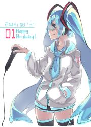 Rule 34 | 1girl, black thighhighs, blue eyes, blue hair, blue necktie, closed mouth, cowboy shot, cropped legs, dated, grey hoodie, hand in pocket, happy birthday, hatsune miku, highres, holding, holding microphone, hood, hood down, hoodie, long hair, long sleeves, microphone, miniskirt, necktie, pleated skirt, profile, reiga (act000), simple background, skirt, smile, solo, standing, thighhighs, twintails, very long hair, vocaloid, white background, zettai ryouiki
