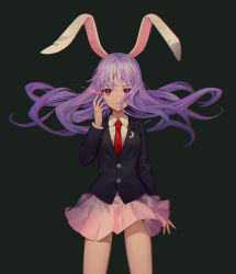 Rule 34 | 1girl, animal ears, blazer, chromatic aberration, closed mouth, collared shirt, crescent, expressionless, floating hair, glowing, glowing eye, hand up, jacket, lazuri7, long hair, long sleeves, looking at viewer, miniskirt, necktie, pink eyes, pink skirt, purple hair, rabbit ears, red necktie, reisen udongein inaba, shirt, skirt, solo, standing, touhou, wing collar