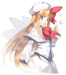 Rule 34 | 1girl, bad id, bad pixiv id, blonde hair, blue eyes, bow, bowtie, capelet, fairy wings, flower, from side, hat, hat bow, holding, holding flower, lily white, long hair, long sleeves, open mouth, red bow, red bowtie, sidelocks, simple background, skirt, skirt set, smile, solo, suminagashi, touhou, white background, white capelet, white hat, white skirt, wings