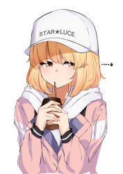 Rule 34 | 1girl, arrow (symbol), baseball cap, blonde hair, chieru (princess connect!), chieru (real) (princess connect!), cup, disposable cup, drinking straw, hat, highres, hood, hoodie, looking to the side, narusan beam2, pink hoodie, princess connect!, short hair, simple background, solo, star (symbol), star in eye, symbol in eye, upper body, white background, white hat, yellow eyes