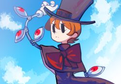 Rule 34 | 1girl, arm up, blue sky, bow, bowtie, cloud, cloudy sky, cyborg, frown, gloves, hat, highres, oikwkrbb, orange hair, outdoors, peacock (skullgirls), red eyes, short hair, skullgirls, sky, solo, top hat, upper body