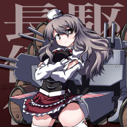 Rule 34 | 1girl, 547th sy, alcohol, anchor, text background, barrel, black panties, bow, bowtie, breasts, brown background, brown eyes, cannon, corset, crossed arms, dated, drunk, grey hair, hair between eyes, hat, highres, kantai collection, long sleeves, looking at viewer, machinery, medium breasts, mini hat, miniskirt, panties, pola (kancolle), red skirt, rigging, shirt, skirt, solo, thick eyebrows, thighhighs, tilted headwear, turret, underwear, wavy hair, white shirt, white thighhighs, wine