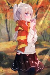 Rule 34 | 1girl, absurdres, alternate costume, autumn, black pantyhose, blue eyes, blurry, blurry background, blush, charlotte (anime), commentary, cup, day, english commentary, enpera, eyelashes, eyes visible through hair, forest, from side, grey hair, hair between eyes, hands up, highres, holding, holding cup, light rays, long hair, long sleeves, looking at viewer, miniskirt, nature, outdoors, pantyhose, pleated skirt, profile, red scarf, red skirt, scarf, school uniform, sidelocks, signature, skirt, solo, standing, steam, sunbeam, sunlight, sweater, tomori nao, two side up, uniform, unstableboiler, white sweater