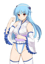 Rule 34 | 1girl, aqua hair, blue hair, blush, boots, breasts, cacaodecocoa, detached sleeves, female focus, flower, frilled thighhighs, frills, hair flower, hair ornament, hairband, japanese clothes, kimono, kokoneri, leotard, long hair, looking at viewer, obi, open mouth, red eyes, ring dream, rose, sasaki yukime, sash, simple background, solo, thighhighs, white background, white thighhighs, wrestling outfit, yuki onna (ring dream)