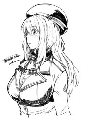 Rule 34 | 1girl, ascot, atago (kancolle), blush, breasts, dated, greyscale, hat, highres, jacket, kantai collection, large breasts, long hair, long sleeves, monochrome, parted lips, signature, simple background, solo, tachibana roku, upper body, white background