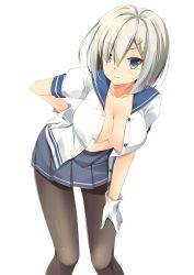 Rule 34 | 10s, 1girl, bad id, bad pixiv id, bent over, blue eyes, blush, breasts, cleavage, gloves, hair ornament, hair over one eye, hairclip, hamakaze (kancolle), hand on own hip, hanging breasts, kantai collection, large breasts, leaning forward, no bra, onaka sukisuki, open clothes, open shirt, pantyhose, personification, shirt, silver hair, simple background, smile, solo, white background, white gloves