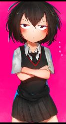 Rule 34 | 1girl, absurdres, black necktie, black skirt, black vest, blush, brown eyes, closed mouth, cowboy shot, crossed arms, female focus, highres, jitome, letterboxed, looking at viewer, marvel, miniskirt, necktie, niwarhythm, peni parker, pink background, pleated skirt, shirt, simple background, skirt, solo, spider-man: into the spider-verse, spider-man (series), spider-verse, standing, vest, white shirt
