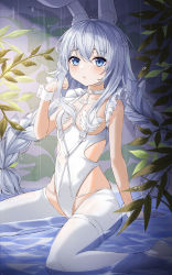Rule 34 | 1girl, absurdres, animal ears, azur lane, bare shoulders, blush, braid, choker, collarbone, fake animal ears, frills, hand up, highres, le malin (azur lane), le malin (listless lapin) (azur lane), leotard, long hair, looking at viewer, nacho (nacho 1103), official alternate costume, pantyhose, parted lips, plant, rabbit ears, sidelocks, sitting, sleeveless, solo, twintails, wariza, white pantyhose, wrist cuffs
