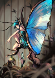 Rule 34 | 1girl, 2021, absurdres, black gloves, blue dress, blue hair, blurry, blurry background, blurry foreground, branch, bug, butterfly, butterfly wings, choker, cocoon, commentary, dress, fairy, gloves, highres, insect, looking at viewer, looking to the side, original, pointy ears, pointy footwear, red eyes, short hair, short hair with long locks, single glove, sitting, solo, teo (telo ruka), wings