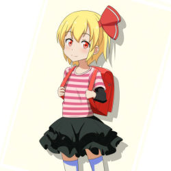 Rule 34 | 1girl, alternate costume, backpack, bag, blonde hair, cato (monocatienus), commentary request, hair ribbon, layered sleeves, long sleeves, looking at viewer, randoseru, red eyes, ribbon, rumia, shirt, short over long sleeves, short sleeves, skirt, smile, solo, striped clothes, striped shirt, thighhighs, touhou, white thighhighs, zettai ryouiki
