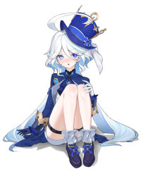 Rule 34 | 1girl, absurdres, ahoge, ascot, black gloves, blue ascot, blue brooch, blue eyes, blue hair, blue hat, blush, full body, furina (genshin impact), genshin impact, gloves, hair between eyes, hat, heterochromia, highres, knees up, legs, long hair, mo (mo80 rr), open mouth, shadow, shorts, sidelocks, simple background, sitting, solo, teeth, top hat, upper teeth only, v-shaped eyebrows, white background, white gloves, white shorts