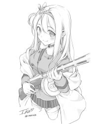 Rule 34 | 1girl, blush, breasts, commentary request, cowboy shot, fur collar, girls&#039; frontline, gloves, greyscale, gun, hair between eyes, hair ornament, hairband, holding, holding gun, holding weapon, ika (4801055), long hair, medium breasts, monochrome, off shoulder, sidelocks, signature, smile, snowflake hair ornament, solo, submachine gun, suomi (girls&#039; frontline), suomi kp/-31, thighhighs, twitter username, weapon