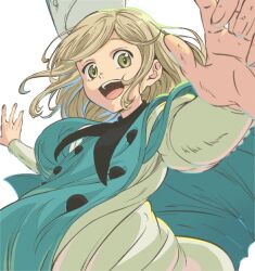 Rule 34 | 1girl, :d, black collar, blonde hair, blue robe, coco (tongari boushi no atelier), collar, commentary request, dress, green eyes, gyuhii, hat, long sleeves, looking at viewer, open mouth, outstretched arms, qifrey&#039;s atelier apprentice uniform, robe, short hair, simple background, smile, solo, spread arms, standing, teeth, tongari boushi no atelier, upper teeth only, white background, white dress, wizard hat