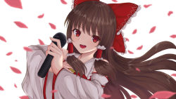 Rule 34 | 1girl, absurdres, ascot, bao (s 888), bow, brown hair, commentary request, detached sleeves, floating hair, hair bow, hair tubes, hakurei reimu, highres, holding, holding microphone, japanese clothes, long hair, microphone, music, nontraditional miko, open mouth, petals, red bow, red eyes, red shirt, shirt, sidelocks, singing, smile, solo, touhou, upper body, white background, wide sleeves