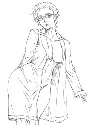 Rule 34 | 1girl, bad id, bb (baalbuddy), breasts, coat, contrapposto, female focus, glasses, greyscale, inactive account, konami, lab coat, large breasts, metal gear (series), metal gear acid, metal gear acid 2, monochrome, naked labcoat, navel, open clothes, open coat, short hair, solo, standing, takiyama michiko