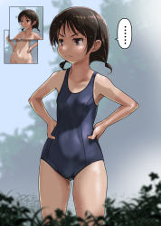 Rule 34 | ..., 1girl, blue one-piece swimsuit, breasts, brown eyes, brown hair, bush, commentary request, covered navel, cowboy shot, hands on own hips, highres, inset, looking to the side, low twintails, new school swimsuit, one-piece swimsuit, original, rohitsuka, school swimsuit, short hair, small breasts, solo, spoken ellipsis, standing, swimsuit, twintails