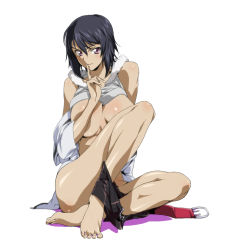 Rule 34 | 1girl, bare shoulders, barefoot, belt, black hair, breast press, breasts, code geass, code geass: boukoku no akito, feet, finger to mouth, full body, highres, kousaka ayano, large breasts, looking at viewer, md5 mismatch, no bra, purple eyes, resolution mismatch, short hair, short shorts, shorts, simple background, sitting, smile, solo, source smaller, sunrise (company), toenails, toes, undressing, wankoro mochi, white background