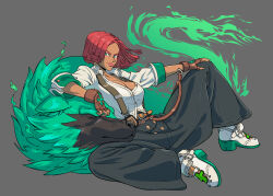 Rule 34 | absurdres, baggy pants, breasts, cleavage, dark-skinned female, dark skin, fighting game, fingerless gloves, giovanna (guilty gear), gloves, guilty gear, guilty gear strive, highres, joecanvas, large breasts, non-web source, pants, partially unbuttoned, reclining, red hair, rei (guilty gear), shirt, short hair, spirit, white shirt