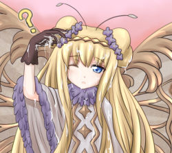 Rule 34 | 10s, 1girl, ?, blonde hair, blue eyes, gloves, granblue fantasy, highres, long hair, looking at viewer, saliva, solo, suggestive fluid, sylph (granblue fantasy), tamayan, wings