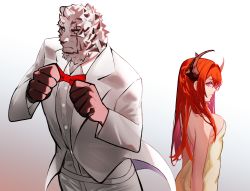Rule 34 | 1boy, 1girl, animal ears, arknights, arms up, bare back, blazer, bow, bowtie, breasts, closed mouth, demon horns, dress, feet out of frame, formal, highres, horns, jacket, long hair, looking at another, mountain (arknights), purple eyes, red bow, red bowtie, red hair, shirt, simple background, standing, suit, surtr (arknights), talnory, tiger boy, tiger ears, traditional bowtie, white jacket, white shirt, white suit, yellow dress