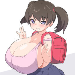 Rule 34 | 1girl, backpack, bag, bare shoulders, black hair, blue eyes, blue skirt, blush, breasts, bursting breasts, cleavage, collarbone, commentary request, covered erect nipples, dot nose, grin, hands up, highres, huge breasts, long hair, looking at viewer, mesugaki, no bra, ok sign, oppai loli, original, pleated skirt, randoseru, shirogane hakuba, sideboob, simple background, skirt, smile, solo, strap slip, twintails, upper body, white background