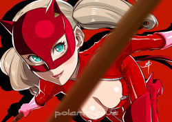 Rule 34 | 10s, 1girl, animal ears, boots, breasts, cat ears, cat mask, catsuit, cleavage, earrings, eyelashes, fake animal ears, female focus, gloves, green eyes, jewelry, large breasts, lips, looking at viewer, mask, persona, persona 5, pink gloves, polarityplus, silver hair, simple background, smile, solo, stud earrings, takamaki anne, thigh boots, thighhighs, twintails, whip