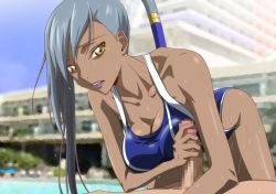 Rule 34 | 1girl, all fours, bare arms, bare legs, bare shoulders, blue one-piece swimsuit, breasts squeezed together, breasts, censored, cleavage, clothed female nude male, code geass, competition swimsuit, dark skin, erection, grey hair, handjob, kyabakurabakufu, large breasts, legs, lips, lipstick, long hair, looking down, lying, makeup, mosaic censoring, nude, one-piece swimsuit, outdoors, parted lips, penis, ponytail, purple lips, side ponytail, solo focus, sweat, swimsuit, thighs, villetta nu, yellow eyes